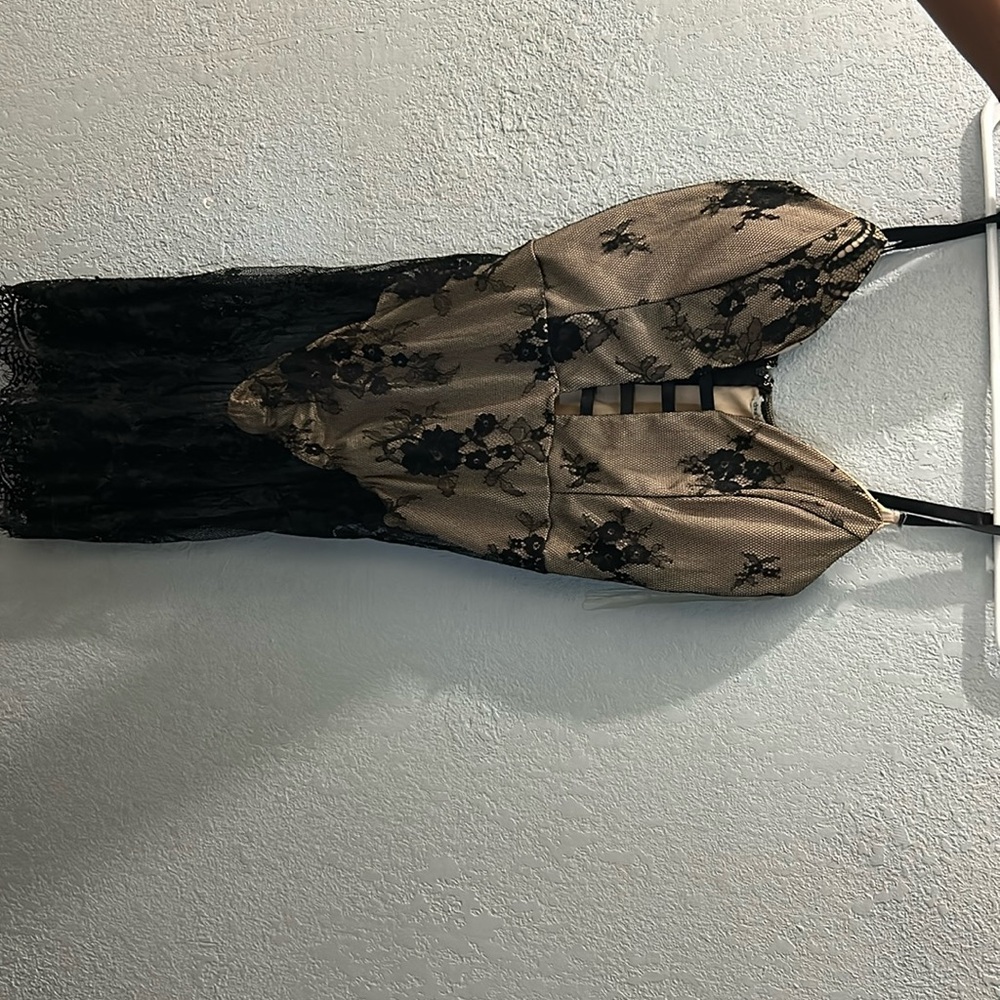 Black mesh dress with tan bodysuit